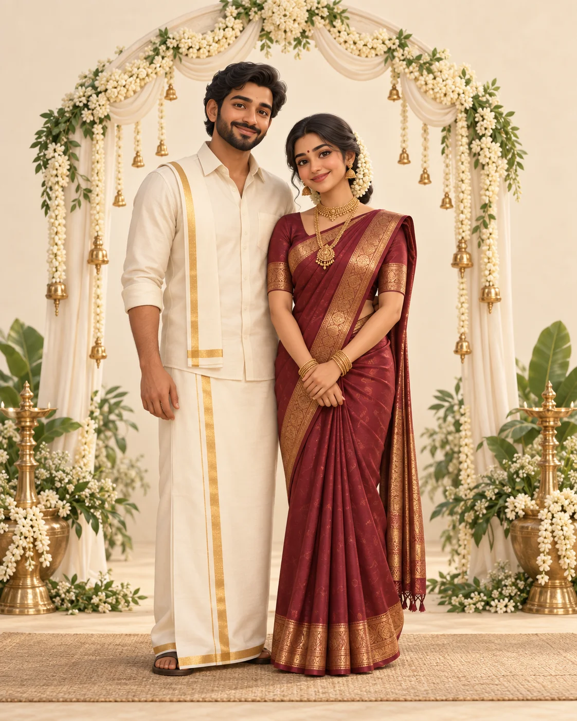 3D illustration of a Tamil bride and groom beneath a jasmine wedding arch